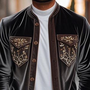 Men's Spring Fashion Retro Embroidered Velvet Long Sleeve Shirt