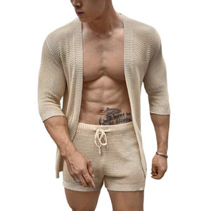 Men's Casual Mid-Sleeve Cardigan Elastic Waist Shorts Knitted Set