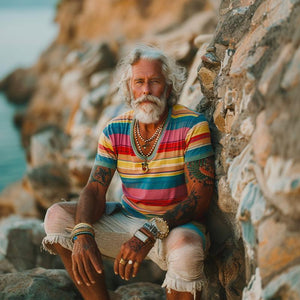 Herren-T-Shirt mit Rundhalsausschnitt und Vintage-Regenbogenstreifen-Print, kurzärmelig