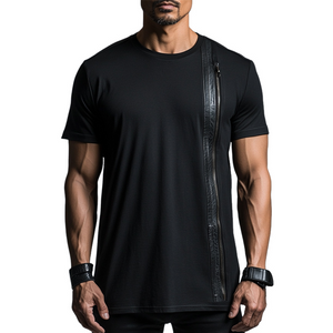Men's Casual Cotton Leather Zip-up Short-sleeved T-shirt