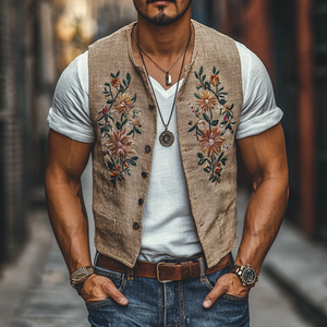 Men's Casual Linen Floral Embroidery Single Breasted Slim Fit Suit Vest