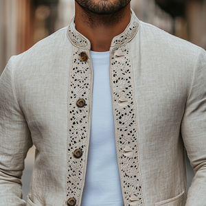 Herren Frühling Neue Retro Spitze Nähte Stehkragen Dünne Baumwolle Und Leinen Jacke