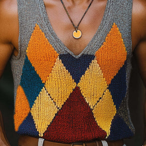 Men's Summer Fashion Diamond Colorblock Knitted Tank Top