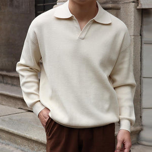 Men's Solid Color Lapel Long Sleeve Knit Polo Shirt