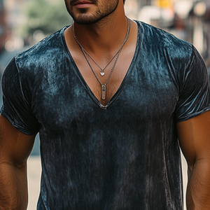 Men's Spring And Summer Fashion Leisure Silk Cotton Deep V Neck T-shirt