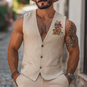 Men's Casual Linen Flower Embroidery V-Neck Single Breasted Slim Fit Vest