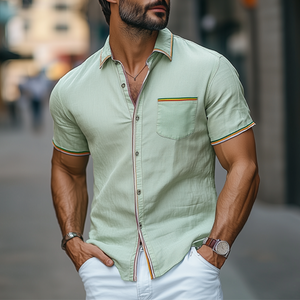 Men's Summer Fashion Casual Colorful Ribbon Stitching Cotton And Linen Short-sleeved Shirt