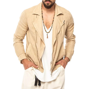 Men's Vintage Apricot Cotton And Linen Notched Lapel Jacket