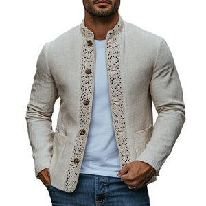 Herren Frühling Neue Retro Spitze Nähte Stehkragen Dünne Baumwolle Und Leinen Jacke