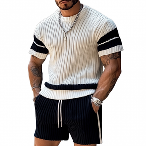 Herren Casual Kontrastfarbe Rundhalsausschnitt Lose Kurzarm Pullover Elastische Taille Shorts Set
