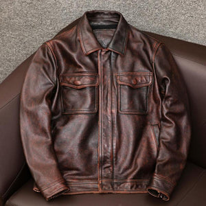 Men's Vintage Lapel Double Chest Pocket Leather Jacket
