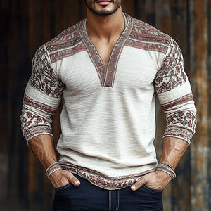 Men's Retro Colorblock Printed Wrinkled V-Neck Long Sleeve T-Shirt
