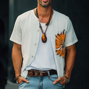 Men's Summer Casual Cotton Embroidered Short Sleeve Shirt