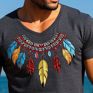 Herren-T-Shirt aus Baumwollmischung mit Federstickerei und kurzen Ärmeln