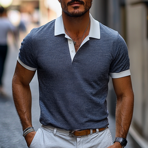 Lässiges, bequemes Poloshirt aus Baumwolle und Leinen mit Colorblock-Revers und schmaler Passform für Herren