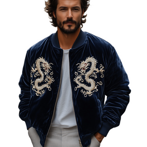 Men's Navy Vintage Dragon Embroidered Velvet Jacket