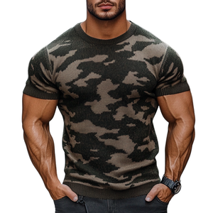 Men's Outdoor Camouflage Jacquard Round Neck Slim Fit Knitted Short Sleeve Sweater T-Shirt