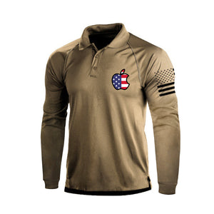 Poloshirt mit langen Ärmeln und Raglanärmeln mit Apfeldruck und USA-Flagge, 1/4-Knopf