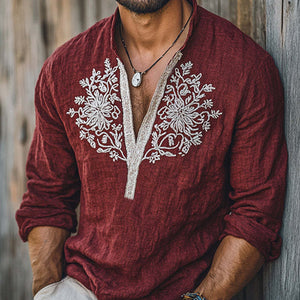 Men's Vintage Dark Red Deep V-Neck Embroidered Long Sleeve T-Shirt