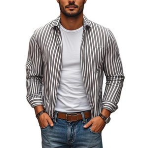 Men's Casual Comfort Cotton Linen Striped Lapel Chest Pocket Loose Long Sleeve Shirt