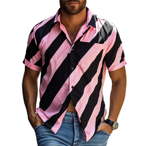 Men's American Casual Striped Printed Chiffon Short Sleeve Shirt