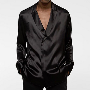 Men's Spring Fashion Deep V Neck Satin Casual Black Long Sleeve Shirt