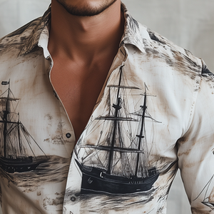 Men's Retro Casual Sailing Ship Print Lapel Long Sleeve Shirt