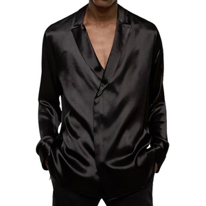 Men's Spring Fashion Deep V Neck Satin Casual Black Long Sleeve Shirt