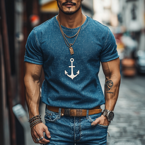 Men's Casual Denim Anchor Print Round Neck Slim Fit Short Sleeve T-shirt
