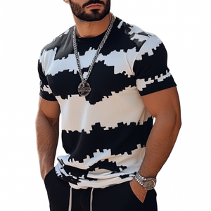 Men's Casual Contrast Color Jacquard Round Neck Slim Fit Knitted Short Sleeve Sweater T-Shirt
