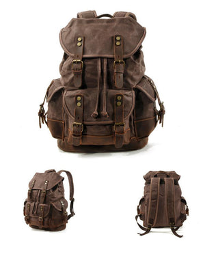 Herren-Rucksack aus Vintage-Canvas-Nähten und Leder mit mehreren Taschen