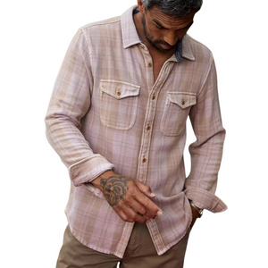 Men's Retro Pink Plaid Twill Slim Fit Long Sleeve Shirt