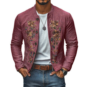 Men's Casual Linen Embroidered Stand Collar Single Breasted Slim Fit Jacket
