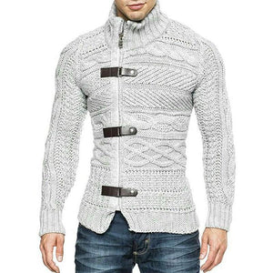 Men's Casual Stand Collar Zipper Cable Knitted Slim Cardigan