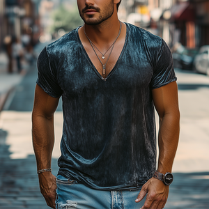 Men's Spring And Summer Fashion Leisure Silk Cotton Deep V Neck T-shirt