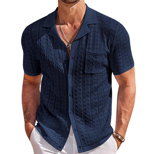 Men's Casual Lapel Hollow Jacquard Knitted Slim Fit Short Sleeve Cardigan
