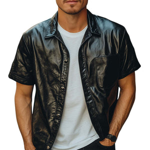 Men's Summer Loose Black Leather Short Sleeve Shirt