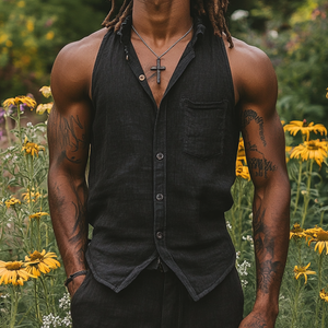 Lässiges Herrenhemd aus Baumwolle und Leinen mit aufgesetzter Reverstasche und schmalem Ärmel