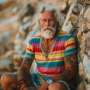 Herren-T-Shirt mit Rundhalsausschnitt und Vintage-Regenbogenstreifen-Print, kurzärmelig