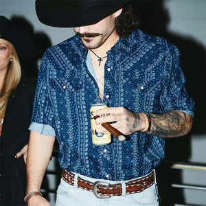 Men's Casual Dark Blue Retro Print Lapel Long Sleeve Shirt