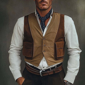 Men's Three-Button Brown Suede Colorblock Vest