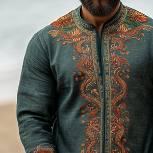 Men's Retro Casual Embroidered Collarless Long Sleeve Shirt Jacket