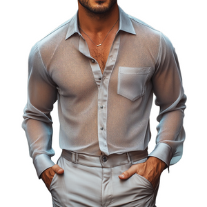 Men's Retro Casual Summer Cool Mesh Satin Splicing Lapel Long Sleeve Shirt