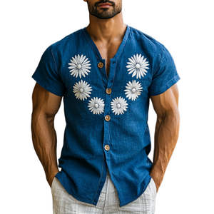 Men's Casual Cotton Linen V-Neck Single-Breasted Slim Fit Short Sleeve Shirt