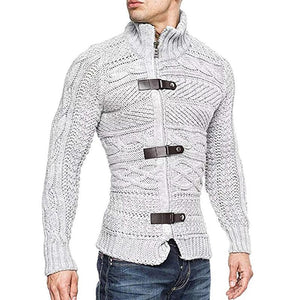 Men's Casual Stand Collar Zipper Cable Knitted Slim Cardigan