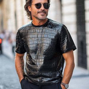 Schwarzes, kurzärmliges T-Shirt aus PU-Leder mit Krokodilstruktur für Herren