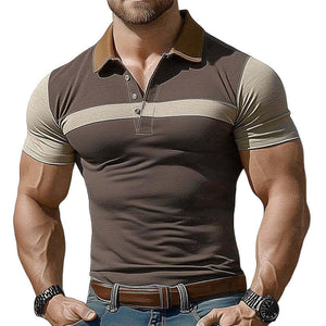 Men's Summer Brown Polo Collar Colorblock Stretch Slim Fit T-Shirt