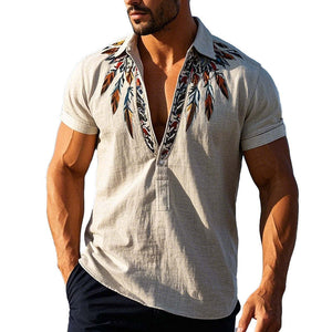 Men's Vintage Feather Embroidered Pullover Short Sleeve Shirt