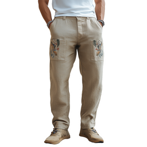 Herren Frühling und Sommer Retro Personalisierte Baumwolle und Leinen bestickte Freizeithose
