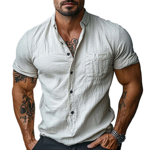 Men's Casual Solid Color Cotton Short Sleeve Shirt